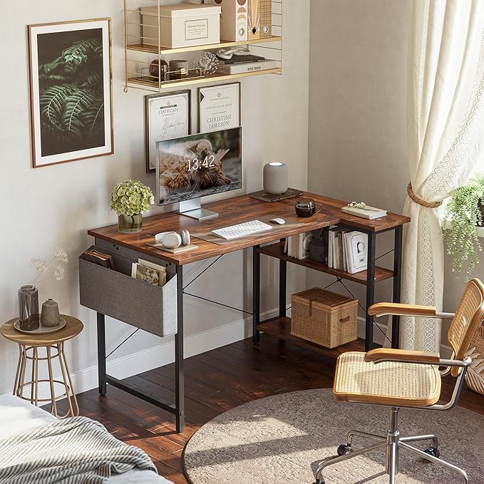 CubiCubi L Shaped Desk, 55" Computer Table with Reversible Storage Shelves Home Office Corner Study Writing Gaming, Brown