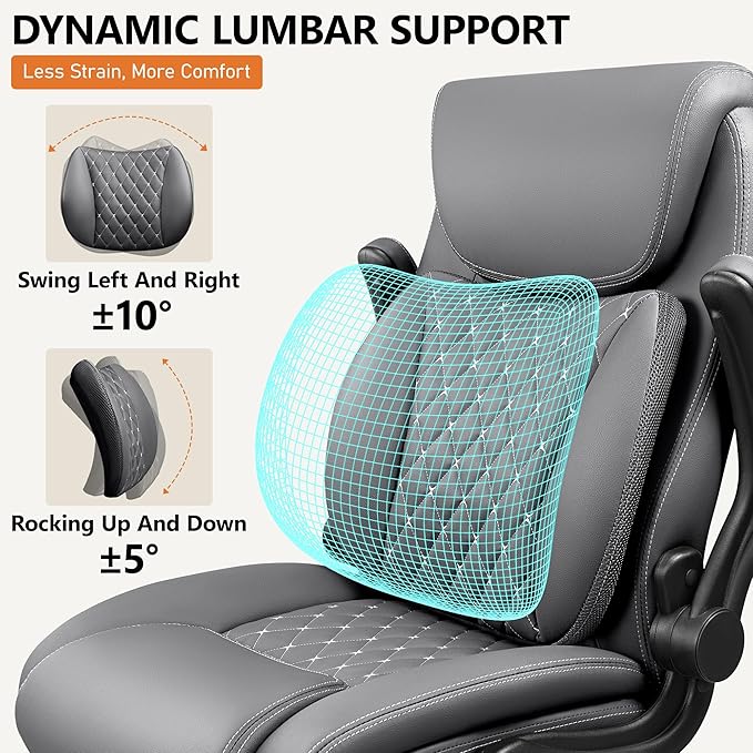 BESTFAIR Office Chair, Executive Computer Desk Chair with Lumbar Support for Lower Back Pain Relief, Ergonomic Leather Home Chair Comfy with Padded Flip-up Arms and Adjustable Armrests, Gray