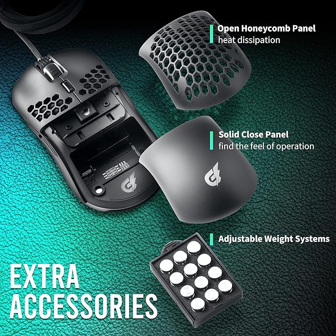 GUNMJO Gram DIY Honeycomb Shell Wired RGB Gaming Mouse, PC Gaming Mouse with 9 Buttons and Up to 10,000 DPI, Computer Mice for PC Gaming, Black Color