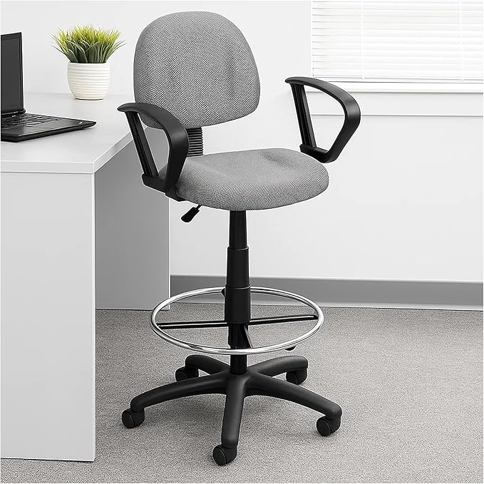 Benzara Jea Drafting Stool Chair, Loop Arms, Gray Tweed, Round Footring
