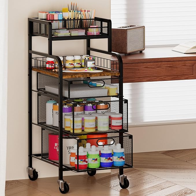 SWTYMIKI Office Rolling Cart with 3 Drawers - Metal Utility Cart with Wood Shelf, DIY Divider and Locking Wheels, Craft & Art Cart Organizer for Under Desk Storage for Home Office Studio, Espresso