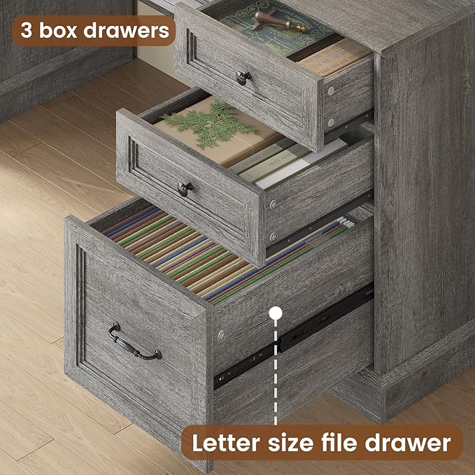 HAUOMS Farmhouse Executive Desk with Drawers Computer Desk with File Drawers, Power Outlet and Led Lights, Executive Office Desk with Storage Cabinet and Monitor Shelf for Home Office, Grey