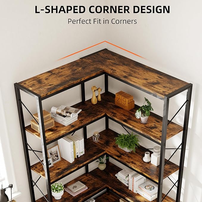 Shintenchi 5 Tier Corner Bookshelf,L Shaped Bookcase,Large Etagere Bookcase,Corner Shelf Display Storage Rack with Metal Frame for Living Room Bedroom Office,Rustic Brown