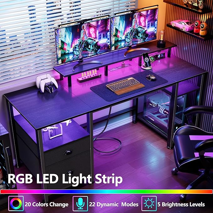 Furologee 61" Gaming Desk with Power Outlets & LED Lights, Reversible Computer Desk with File Cabinet & Monitor Stand for Home Office, Large Work Table with Storage Shelves & Drawer, Black