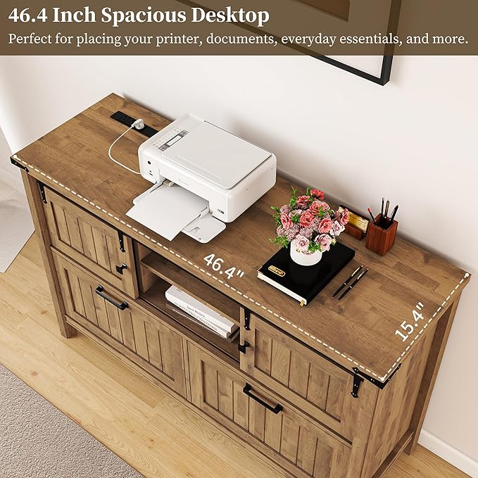 Farmhouse Lateral File Cabinet 2 Drawer and 71" Tall Bookcases Sets, 46" Filing Cabinets with Power Outlets & Storage Shelf, 3 Pcs Home Office Furniture Set (Light Brown, 46" F.C.+B.C.x2)
