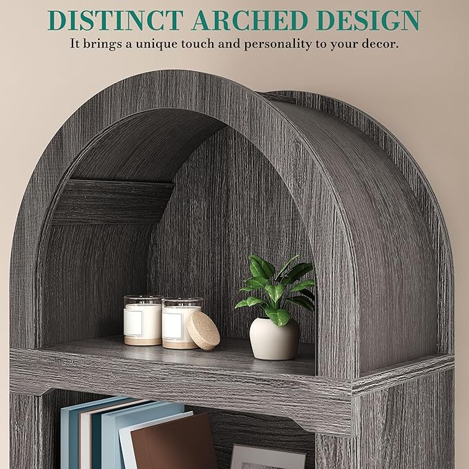 YITAHOME Arched Bookshelf, 68.5" Tall Bookcase, 5-Tier Arched Bookcase with Storage, Open Display Rack with Adjustable Shelves for Living Room and Home Office, Charcoal Gray