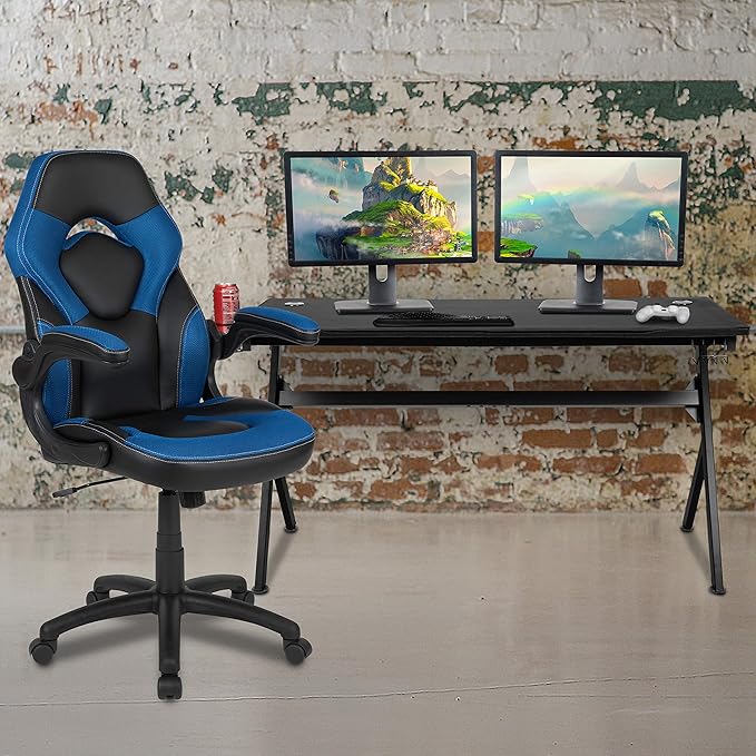 Flash Furniture Gaming Desk and Blue/Black Racing Chair Set/Cup Holder/Headphone Hook/Removable Mouse Pad Top - 2 Wire Management Holes