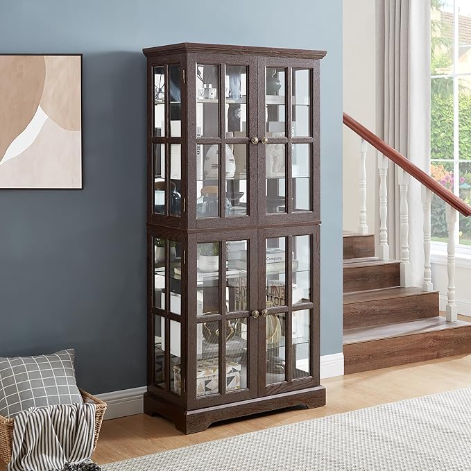 Curio Display Cabinet, Antique Display Cabinet with Glass Doors Adjustable Shelves for Collectibles Four Door Design Vintage Showcase for Home or Office Antique Display Case E26 Bulb Included CHE Ti