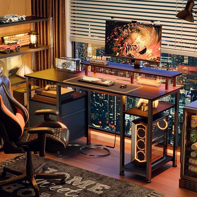 Furologee 51" Gaming Desk with Power Outlets & LED Lights, Reversible Computer Desk with File Cabinet & Monitor Stand for Home Office, Large Work Table with Storage Shelves & Drawer, Black