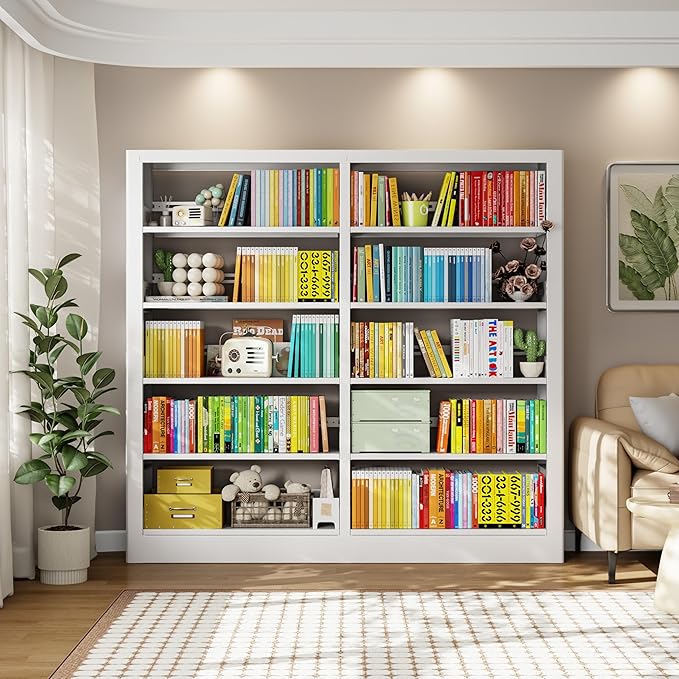 71" Metal Bookshelf,5 Tier White Bookshelf with Adjustable Shelves,Heavy Duty Bookshelves and Bookcases,Tall Bookcase for Living Room,Library,Office,Including Book Stopper (White, 73" Wide)