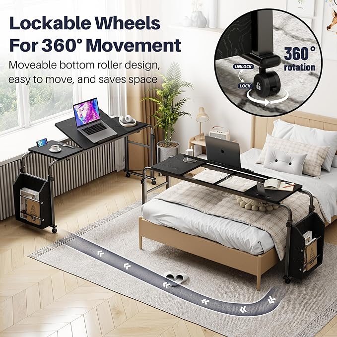 Overbed Table with Wheels, Tilting Overbed Desk Adjustable Height & Length, Queen Over Bed Table with Storage Cabinet, Rolling Laptop Desk for Bedroom, Living Room, Hospital (Black, 47.24in)