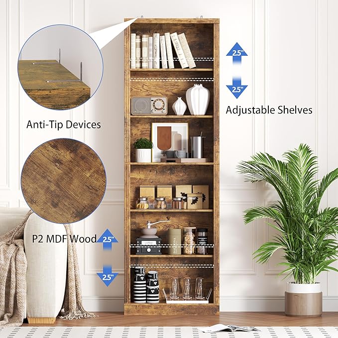 BORNOON 75" Tall Bookshelf, 6-Tier Floor Standing Bookcase with 2 Adjustable Shelves, 24" Wide Open Storage Shelf, Modern Display Organizer for Home Office, Living Room, Bedroom, Study