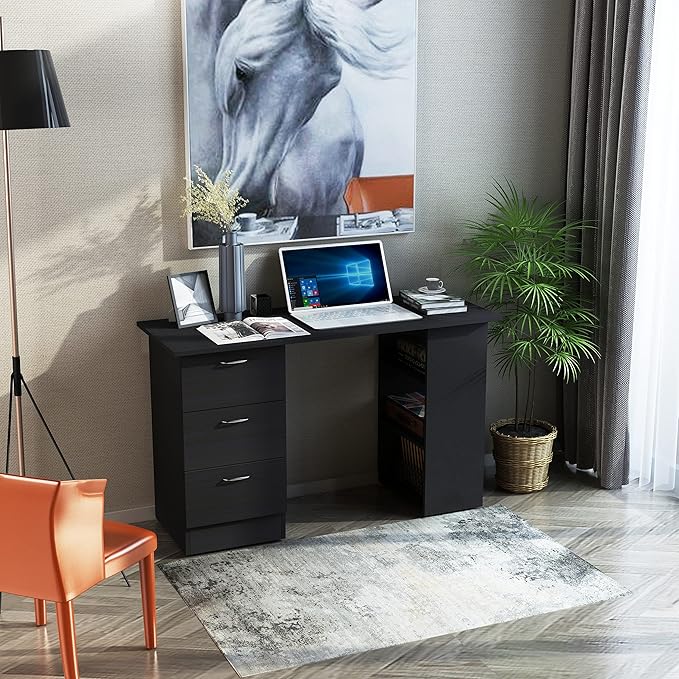 HOMCOM 47" Modern Home Office Computer Desk Bookcase Combo Writing Table Workstation with 3 Drawer and Storage Shelf - Black
