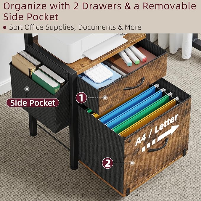 HIGDBFE Filing Cabinet with 2-Tier Printer Shelves, 2 Fabric Drawers File Cabinet with Side Bag&File Drawer for A4/Letter Size, Printer Stand with Storage for Home Office, Rustic Brown, 16.5" W