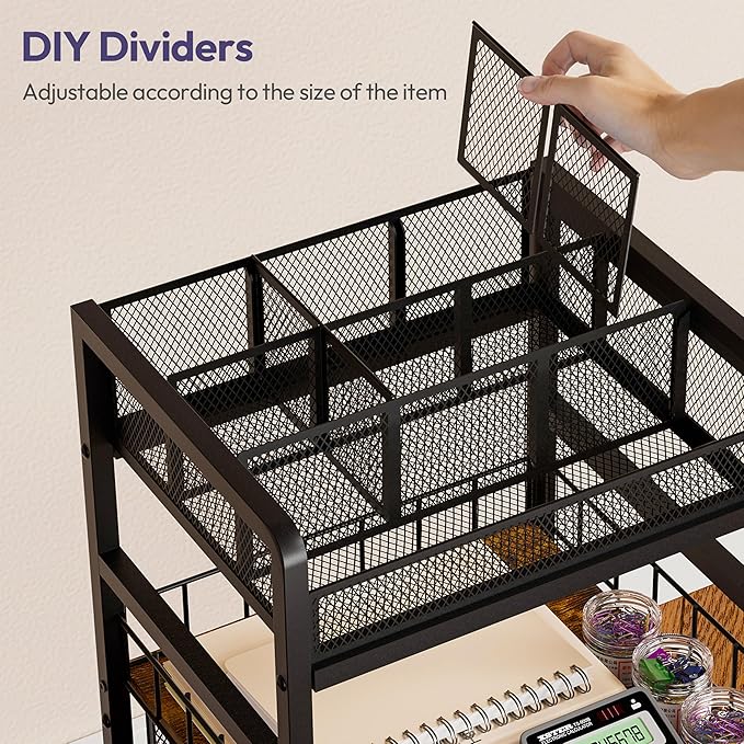 SWTYMIKI Office Rolling Cart with 3 Drawers - Metal Utility Cart with Wood Shelf, DIY Divider and Locking Wheels, Craft & Art Cart Organizer for Under Desk Storage for Home Office Studio, Espresso