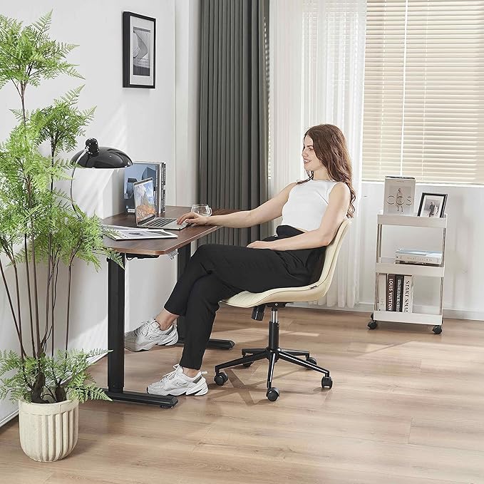 YOUNIKE Beige Office Desk Chair with Wheels Swivel Comfy Armless Vanity Chair with Back Modern Leather Upholstered Rolling Computer Task Chair Small Cute Drafting Sewing Chair No Arms Adjustable