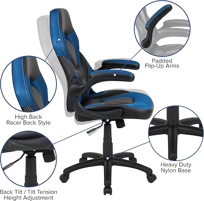 Flash Furniture Gaming Desk and Blue/Black Racing Chair Set/Cup Holder/Headphone Hook/Removable Mouse Pad Top - 2 Wire Management Holes