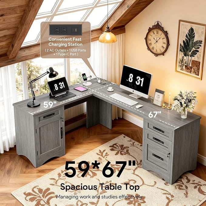 Decofy 67" Farmhouse L Shaped Standing Desk with Drawers Home Office Executive Desks with Fast Charging Station, Lockable File Cabinet, Wood Writing Computer Desk for Work, Study, Grey