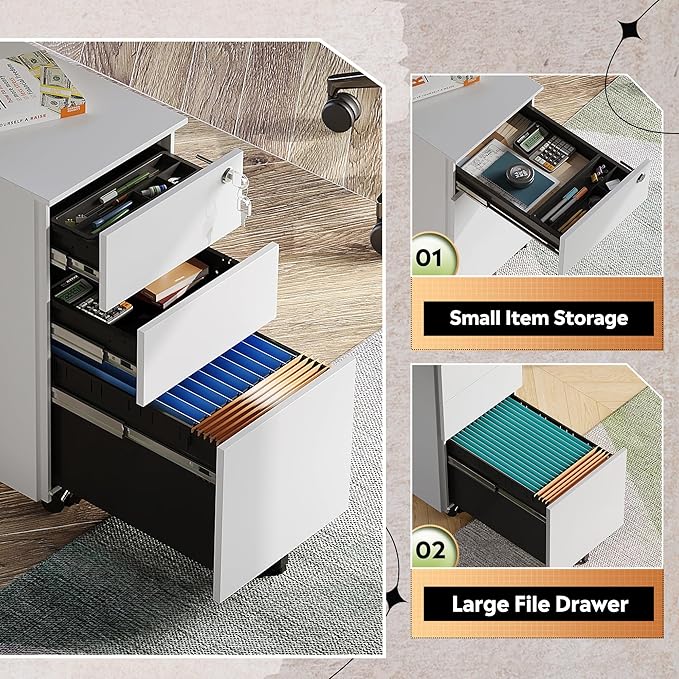 DEVAISE 3 Drawer Vertical File Cabinet with Lock, Under Desk Mobile Metal Filing Cabinet for Home Office Fit Legal/Letter/A4 File, Fully Assembled Except Wheels, White