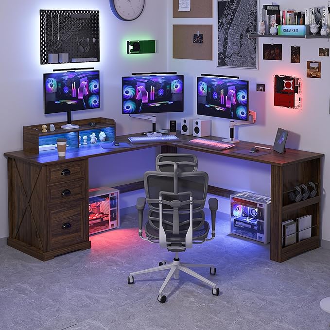 Lareth L Shaped Desk with Monitor Stand Farmhouse Computer Desk with LED Lights, Executive L Corner Desk with Power Outlets, Home Office Desk with Storage File Drawers for Home Working Gaming, Walnut