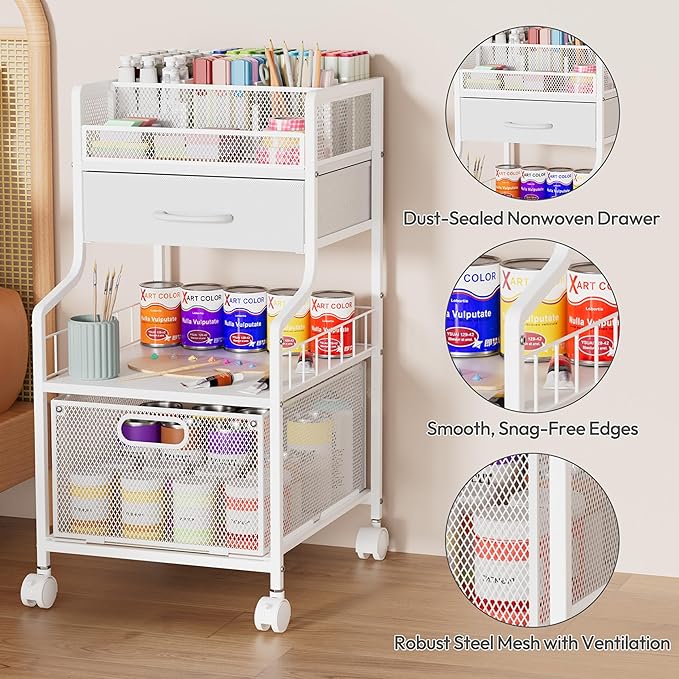 SWTYMIKI Rolling Under Desk Storage - Utility Cart with Drawers & DIY Divider - Art Cart Organizer on Wheels - Craft Storage Drawers Rolling Cart for Office, Craft Room & Studio White