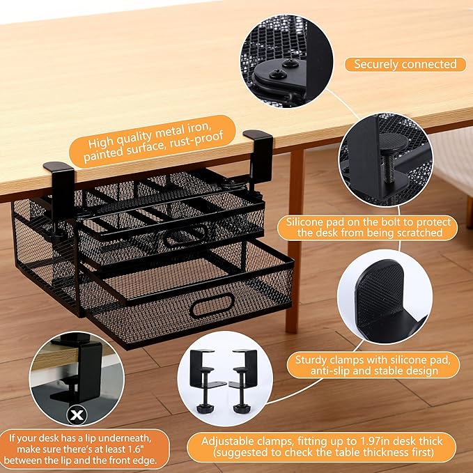 Under Desk Drawer Organizer with 2 Slide Out Drawers – No Drilling Metal Clamp-On Storage, Anti-Slip Desk Drawer Attachment for Home & Office Desktop Organization (Black)