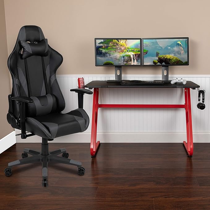 Flash Furniture Optis Red Gaming Desk and Gray Reclining Gaming Chair Set with Cup Holder and Headphone Hook