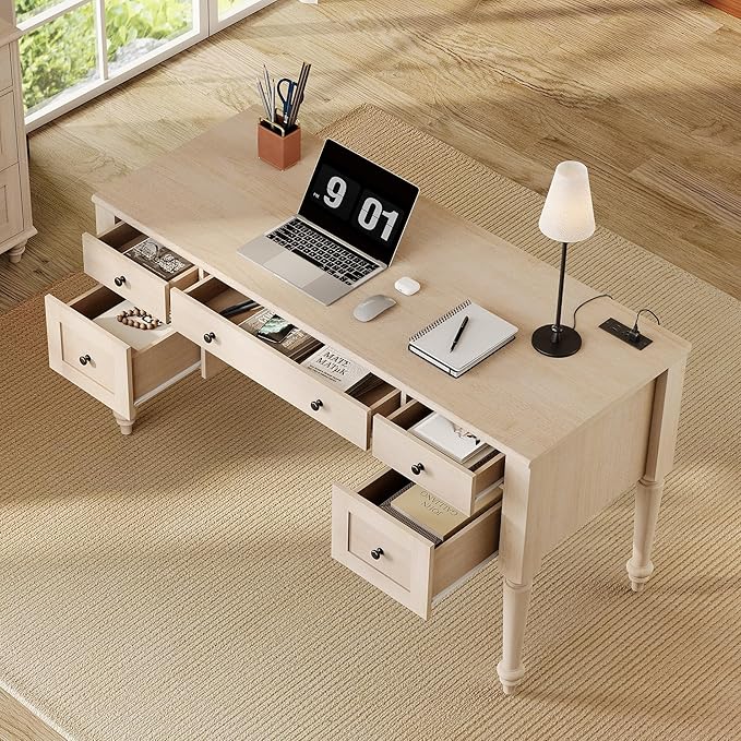WAMPAT Home Office Furniture Set, 56'' Executive Desk with Charging Station, 72" Tall Bookcase with 2 Glass Doors, Wood Computer Desk with File Cabinet Storage, Open Shelf, Light Oak