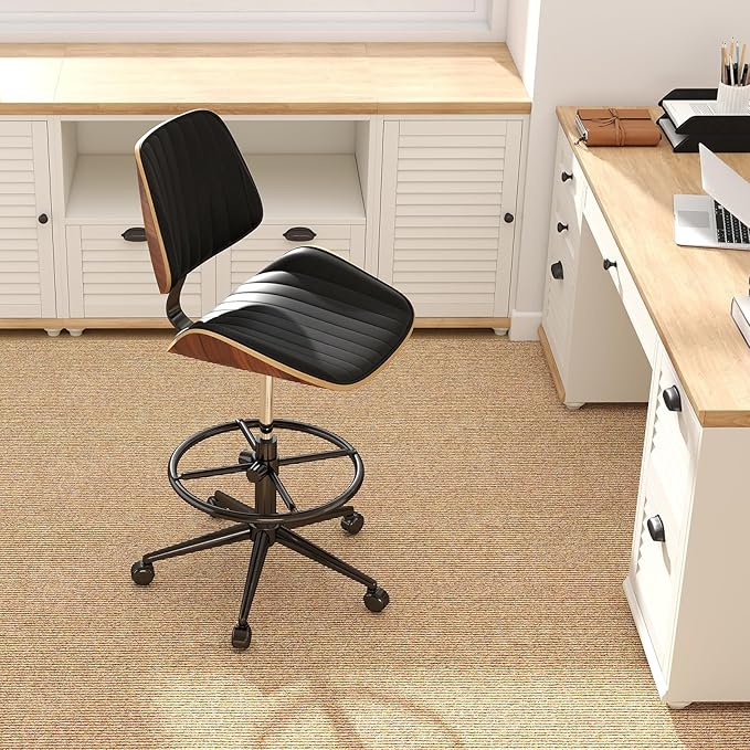 Drafting Home Office Chair, Swivel Desk Chair with Bend Wood Backrest, Ergonomic Office Chairs with Adjustable Height and Footrest Ring for Bar Lab Counter Height Desk and Drawing (Blcak)