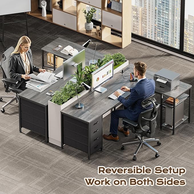 Huuger 55 Inch L Shaped Desk with Fabric Drawers, Reversible Computer Gaming Desk with Power Outlets and USB-C Port, Adjustable Side Storage Shelves, for Work Study Corner Home Office, Grey