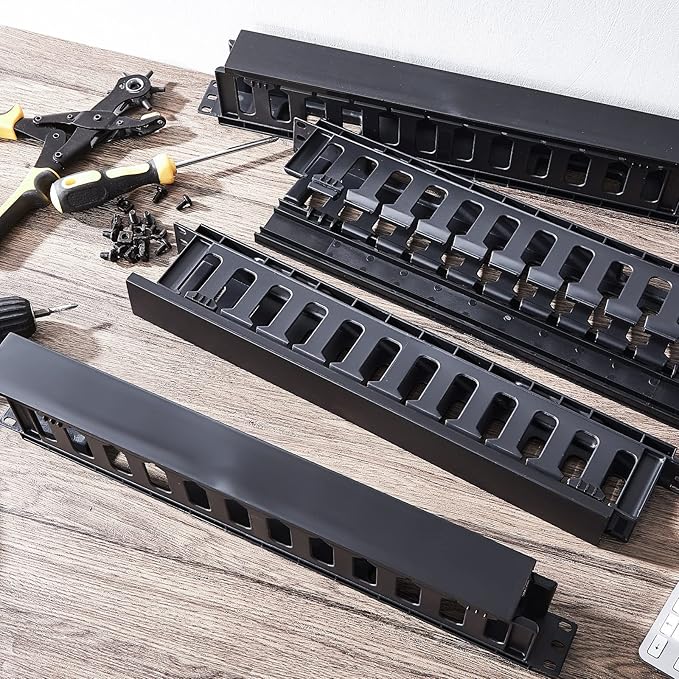 Leinuosen 2 Pcs 1U Rack Cable Management Sleeves Horizontal Mount Cable 12 Slot Management Clips Rack with Panel Cover 19 Inch for Wall Shelf Mount
