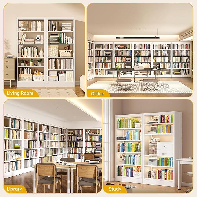 71" Metal Bookshelf,5 Tier White Bookshelf with Adjustable Shelves,Heavy Duty Bookshelves and Bookcases,Tall Bookcase for Living Room,Library,Office,Including Book Stopper (White, 37.4" Wide)