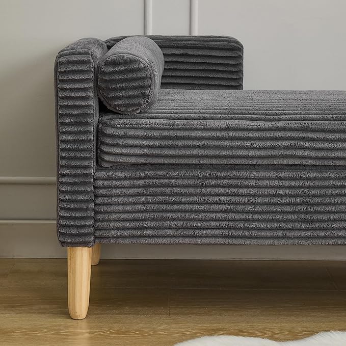 65.35"Wide Upholstered Flip-top Storage Accent Bed Bench, Corduroy Footrest Ottoman with Armrests&Backrest&2 Bolster Pillows Wood Legs for Living Room, End of Bed, Hallway, Entryway Bedroom. Charcoa