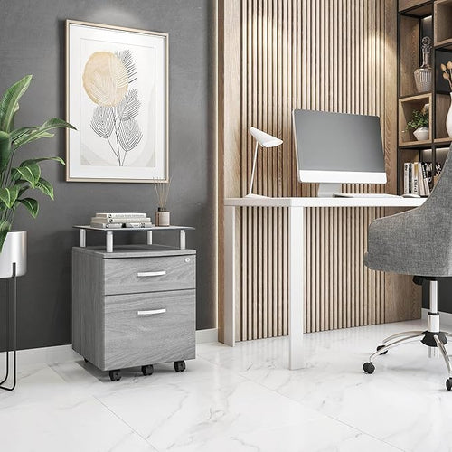 2-Drawer Rolling File Cabinet with Lock and Glass Top, Under Desk File Cabinet with Wheels, Printer Stand, Grey