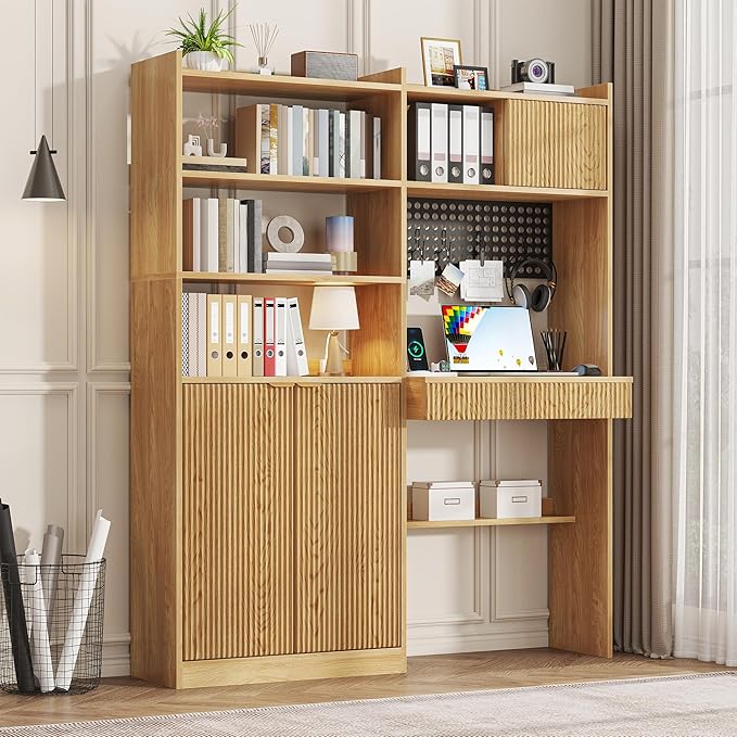kepptory 63" Tall Computer Desk with Hutch, Fluted Wood Home Office Desk with Charging Station, Drawer & Storage Cabinet, Oak Workstation for Work & Study