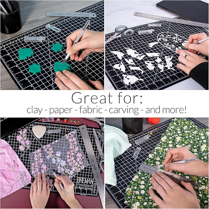 WA Portman 12x18 Inch Self Healing Cutting Mats for Crafts – Fabric Cutting Mat with Precision Craft Knife, 10#11 Hobby Knife Blades & Metal Ruler 18 Inch Cork Backed Ruler – All-in-One Craft Kit