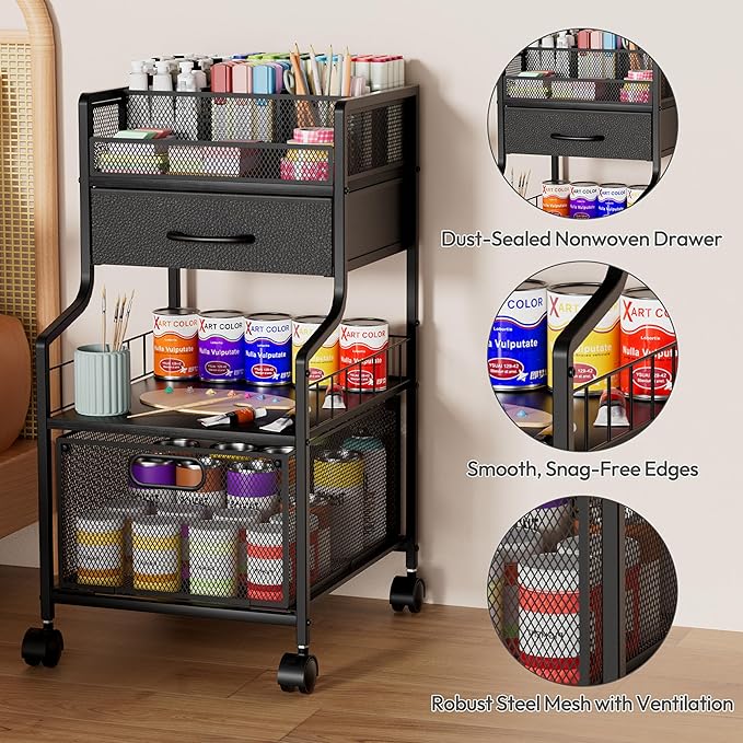 SWTYMIKI Rolling Under Desk Storage - Utility Cart with Drawers & DIY Divider - Art Cart Organizer on Wheels - Craft Storage Drawers Rolling Cart for Office, Craft Room & Studio Black