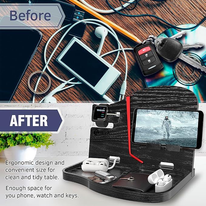 BarvA Wood Docking Station | Phone Stand & Desk Organizer | Night Stand Charging Station & Phone Holder | Compact Nightstand Organizer for Men's Accessories | Ideal Gifts for Men