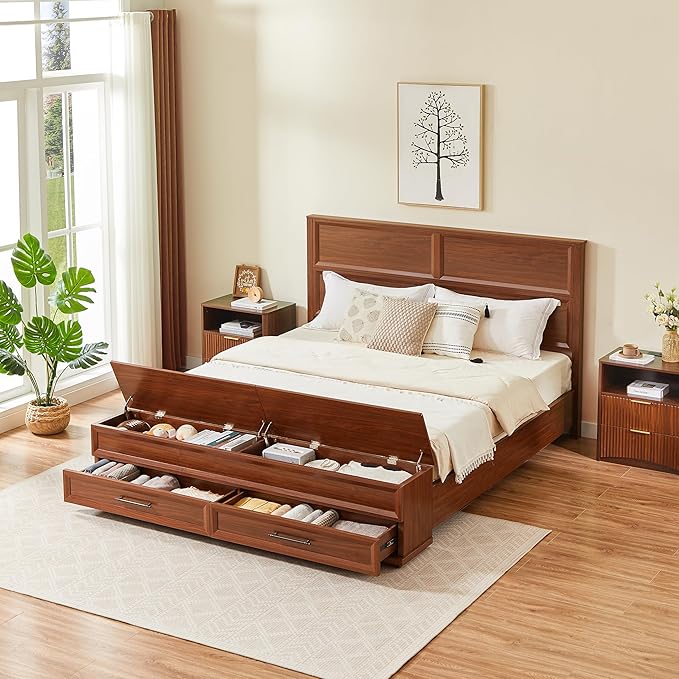 King Size Bed with 3D Geometric Headboard & Storage Bench - 4-Drawer Storage, Modern Bedroom Furniture, Walnut. The 3D geometric grid pattern on the headboard exudes modern charm, blending refinemen