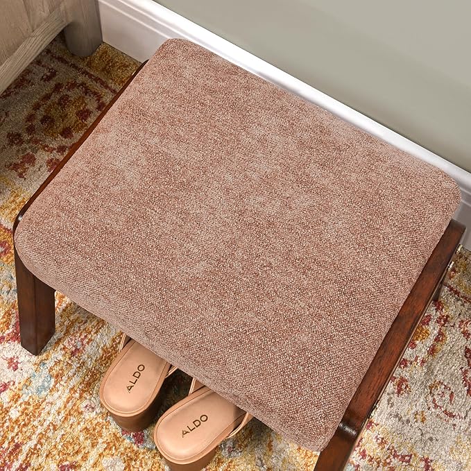 Small Footstool Ottoman, 11.8" H Fabric Wooden Foot Rest Ottoman with Wood Legs, Small Foot Stool Sofa Footrest Extra Seating for Living Room Entryway Office, Apricot