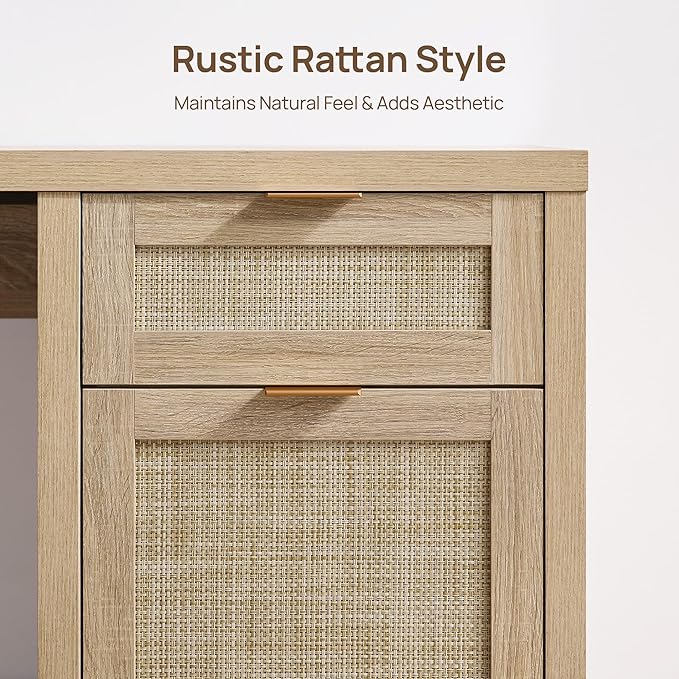 SICOTAS Rattan Home Office Desk with Drawer, 59" Farmhouse Boho Executive Desk with Storage Cabinet, Large Computer Writing Table Vanity Desk for Office, Study, Living Room, Light Oak