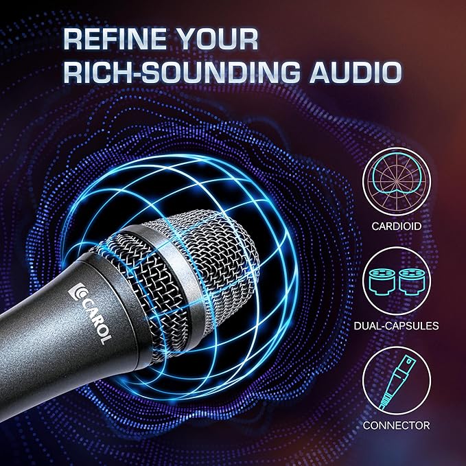 CAROL AC-910 XLR Wired Vocal Microphone – Dynamic Cardioid Mic with Dual-Engine AHNC Noise Cancelling Tech for Singing, Karaoke, Stage & Studio, Includes Microphone, Mic Clip & 14.8ft XLR Cable
