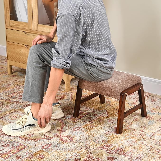 Small Footstool Ottoman, 11.8" H Fabric Wooden Foot Rest Ottoman with Wood Legs, Small Foot Stool Sofa Footrest Extra Seating for Living Room Entryway Office, Apricot