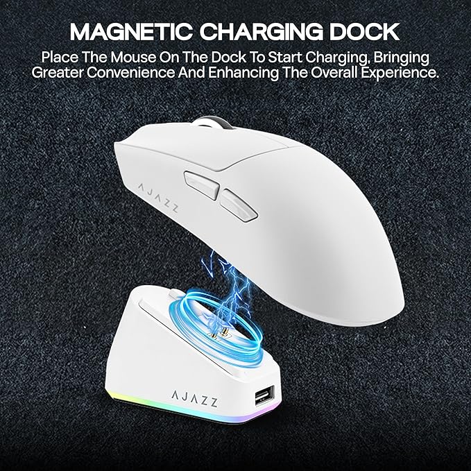 MechLands AJAZZ AJ139P V3 MC Wireless Mouse with Charging Base, 3 Modes Gaming Mouse with 800mAh Battery, Adjustable 24,000 DPI, PAW3311 Sensor, 1000 Polling Rate, 69g Lightweight, Win/Mac (White)