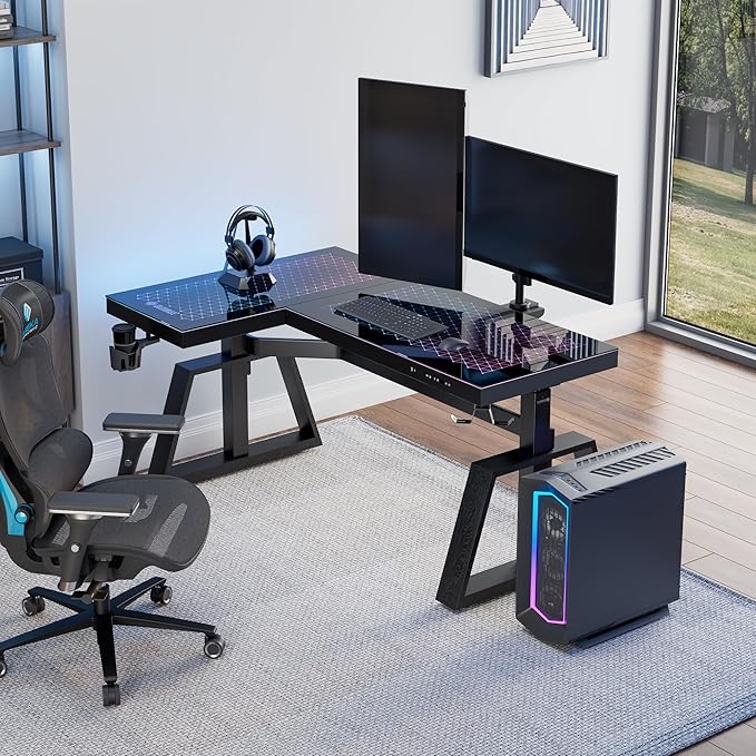 EUREKA ERGONOMIC Standing Desk, Gaming Table,Glass RGB, Height Adjustable Computer desks 60 Inch L Shaped Corner Music Studio Desk Workstation w Type-C Port,Cup Headset Holder,APP Control,Left