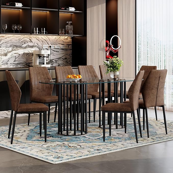 Table and chair set.71 inch oval tempered glass dining table,black double column light luxury style.Paired With 8 Comfortable Technology-Fabric Brown Chairs With Black Metal Legs. Accurate size, sui