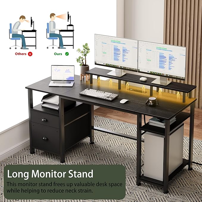 Furologee 61" Gaming Desk with Power Outlets & LED Lights, Reversible Computer Desk with File Cabinet & Monitor Stand for Home Office, Large Work Table with Storage Shelves & Drawer, Black