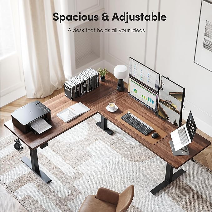 CubiCubi L Shaped Standing Desk 75 x 63 Inch Adjustable Height, Electric Corner Desk, Sit Stand Home Office Desk with Splice Board, Black Walnut(2 Packages