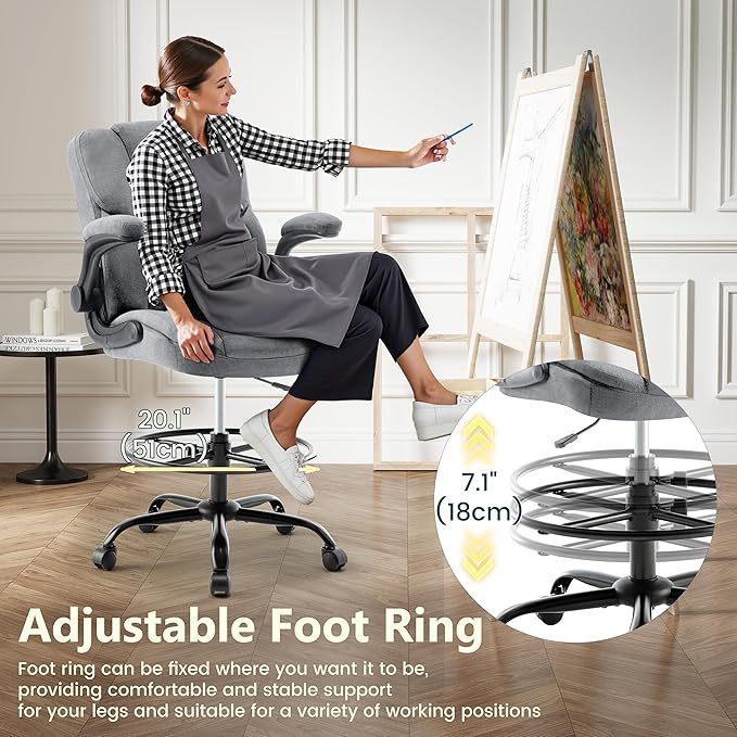Drafting Chair 500Lbs, Tall Office Chair for Standing Desk, Fabric Executive Office Chair with Flip-up Armrests, Ergonomic High Chair with Adjustable Foot Ring, Comfy Stool Chairs, Grey