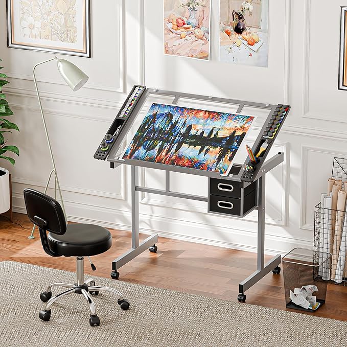 ZENY Drafting Table on Wheels with Storage Drawers, Adjustable Glass Tabletop, Craft Table Drawing Desk Artist Hobby Table for Painting, Drawing, Crafting